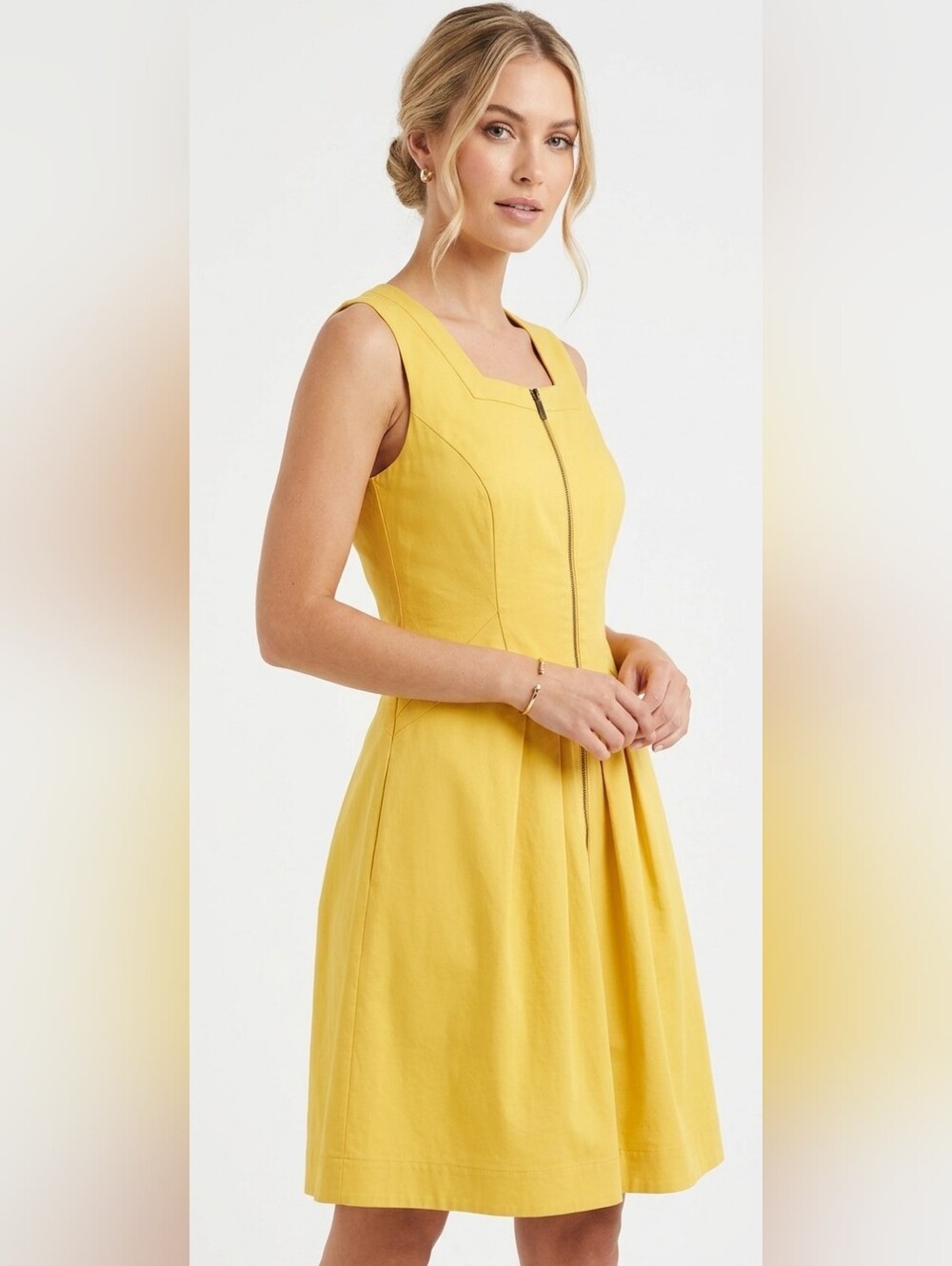 Cue Australia Yellow Zip-Front Sleeveless Fit & Flare Dress Size 4(US) 8(AU)